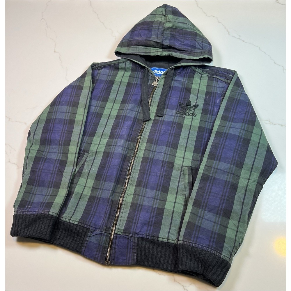 Adidas Jacket Mens Medium Green Blue Plaid British Millerain Waxed Cotton Zip Up